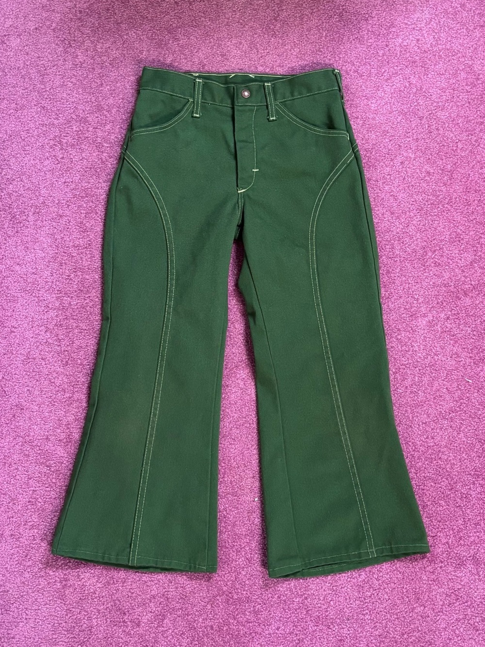Green Super Denim Flare Jeans White Stitch 70s Hippie Style